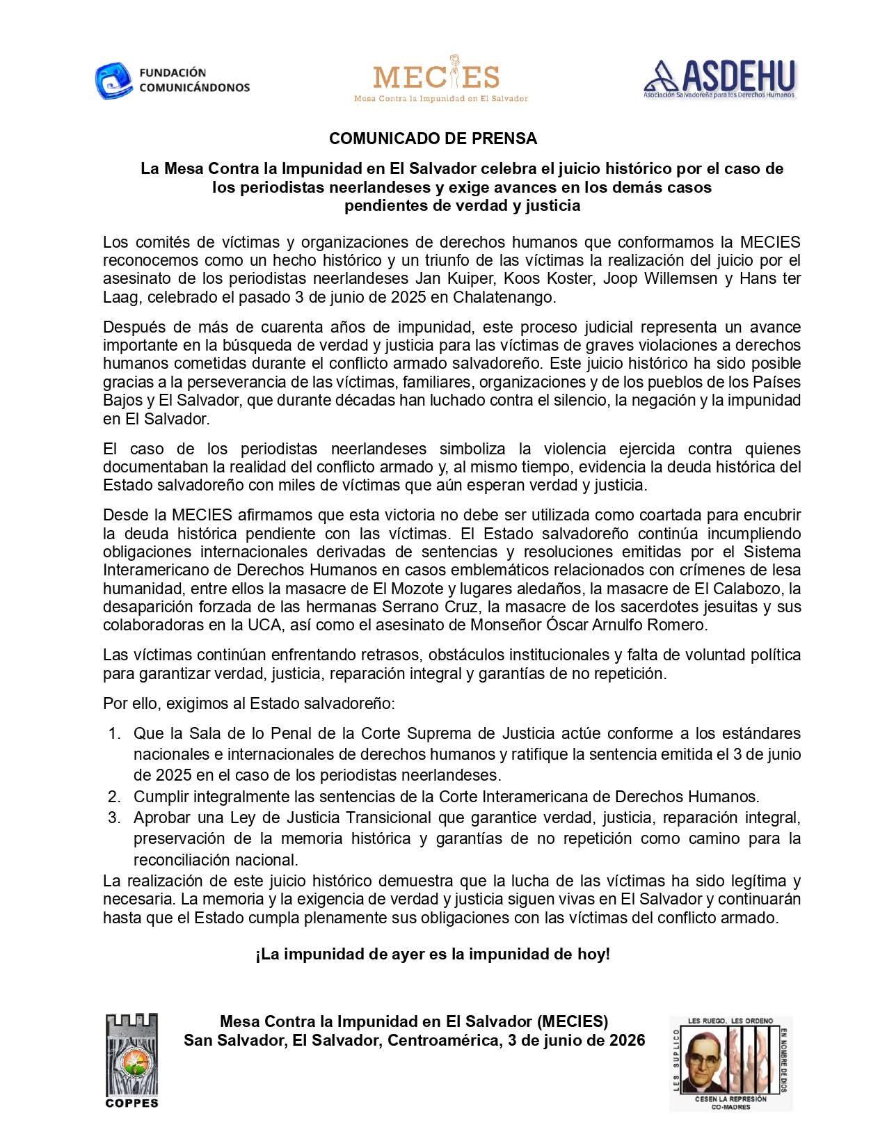 La Mesa Contra la Impunidad pidió además una Ley de Justicia Transicional y el cumplimiento de resoluciones del Sistema Interamericano, a un año de la condena.
