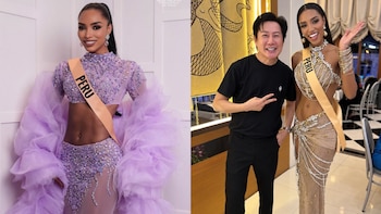 Dos fotos: en una Zuliet Seminario viste un traje violeta con banda de Perú y en otra luce un vestido dorado junto a un hombre de camiseta negra
