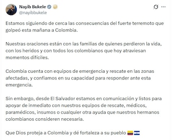Nayib Bukele, presidente de El Salvador, pidió a Dios por la protección de Colombia - crédito @NayibBukele/X