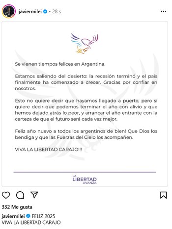Mensaje de Javier Milei por