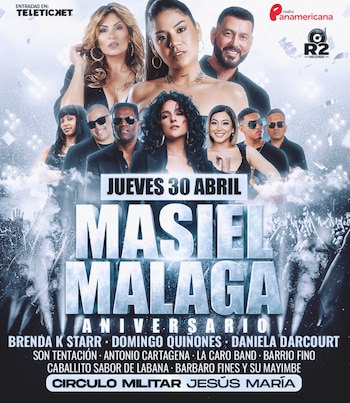 Póster de concierto con múltiples artistas sobre un fondo de humo y luces. Al centro, el texto grande "Masiel Malaga Aniversario"