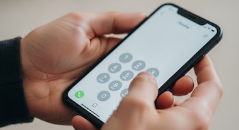 Primer plano de unas manos sosteniendo un smartphone negro. En la pantalla se ve el teclado numérico gris y blanco y un dedo marcando un número.