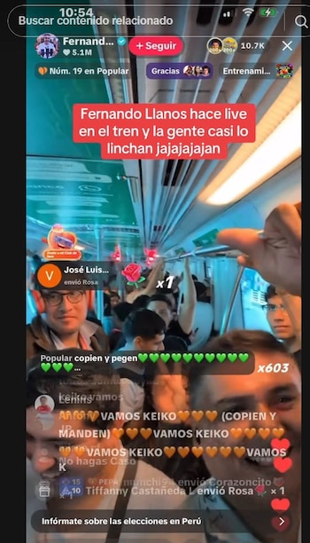 Caótico momento de Fernando Llanos en tren: usuarios lo acusan de favorecer a Roberto Sánchez durante transmisión. Captura: TikTok.