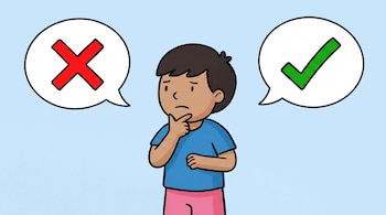 Ilustración de un niño de pie, con expresión pensativa, entre una burbuja con una cruz roja y otra burbuja con un tic verde, sobre fondo azul.