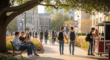 Estudiantes en un campus universitario bajo el sol, con edificios históricos y árboles. Se ven jóvenes charlando en un banco, parejas caminando y personas en un puesto de café.