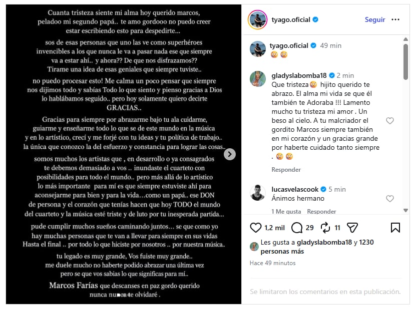 Tyago Griffo despidió a Marcos Farías en Instagram y lo definió como “mi segundo papá” por el vínculo personal y artístico que los unía
