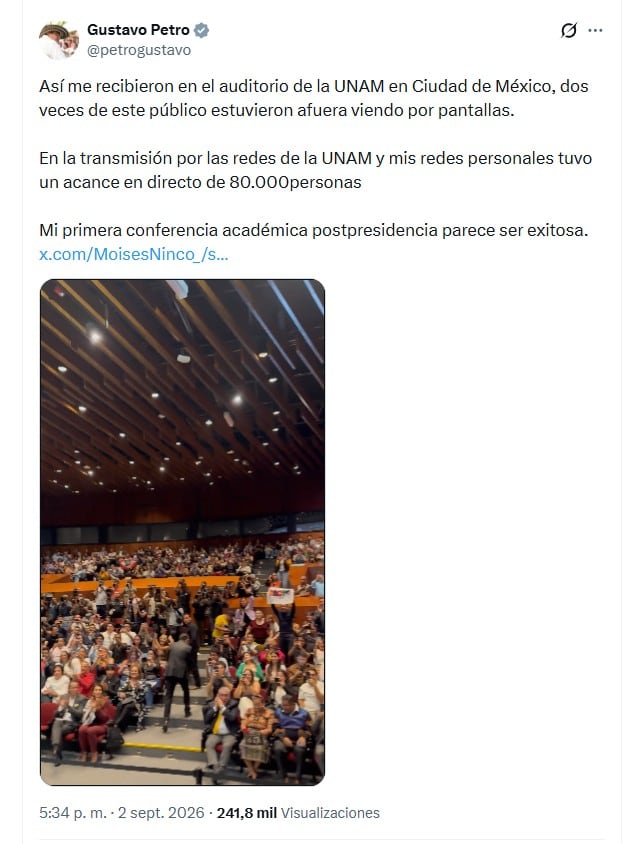 Gustavo Petro tenía previsto dar una conferencia sobre crisis climática en la Universidad Nacional Autónoma de México - crédito @petrogustavo/X