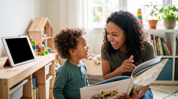 Primer plano de una madre sonriente leyendo un cuento ilustrado a su hijo pequeño de cabello rizado. Se observa una tableta apagada y juguetes en el fondo.