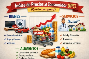 Infografía: Índice de Precios al Consumidor. Muestra gráfico de barras, flecha ascendente, carrito de compras con etiqueta Inflación, bienes, servicios y alimentos.