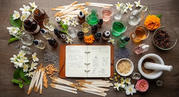 Toma cenital de una mesa de madera con un cuaderno abierto, tiras olfativas, botellas de vidrio con líquidos, un mortero, y flores frescas y secas.