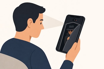 Perfil de un hombre que mira la pantalla de su teléfono móvil, desde la cual una figura con sombrero y gafas oscuras lo observa.