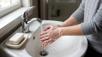 Una persona se lava las manos enjabonadas bajo el agua del grifo en un lavamanos blanco, con una barra de jabón antibacteriano en un platillo al lado.