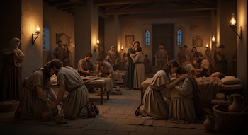 Interior de una iglesia con personas en túnicas, algunas cuidan a enfermos en camas, otras se abrazan. Lámparas de aceite iluminan la sala. Hay cestos y vasijas.