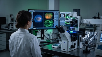 Una persona con bata médica observa dos monitores con imágenes de ojos frente a un microscopio avanzado en un laboratorio.