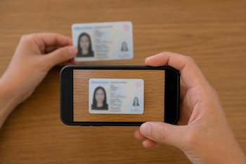 Manos que sostienen un teléfono móvil para enfocar un documento de identidad sostenido por otra persona sobre una mesa de madera.