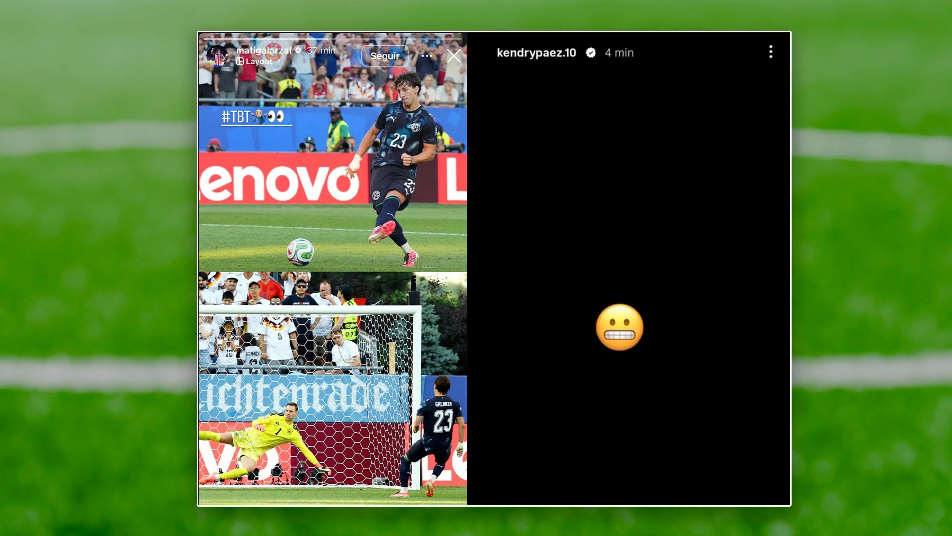 Una captura de pantalla reúne las publicaciones en redes sociales de los futbolistas Matías Galarza Fonda y Kendry Páez.
