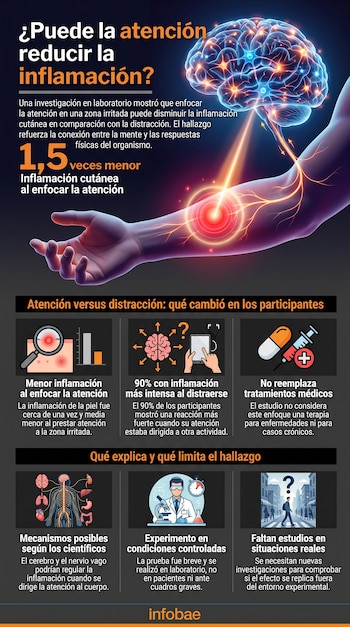 Infografía: un cerebro y un brazo con sistema nervioso y un punto de inflamación, texto informativo y seis secciones con iconos.