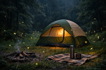 Tienda de campaña iluminada en un claro de bosque con luciérnagas. Se observan una fogata apagada, un termo metálico y una taza sobre una manta a cuadros.