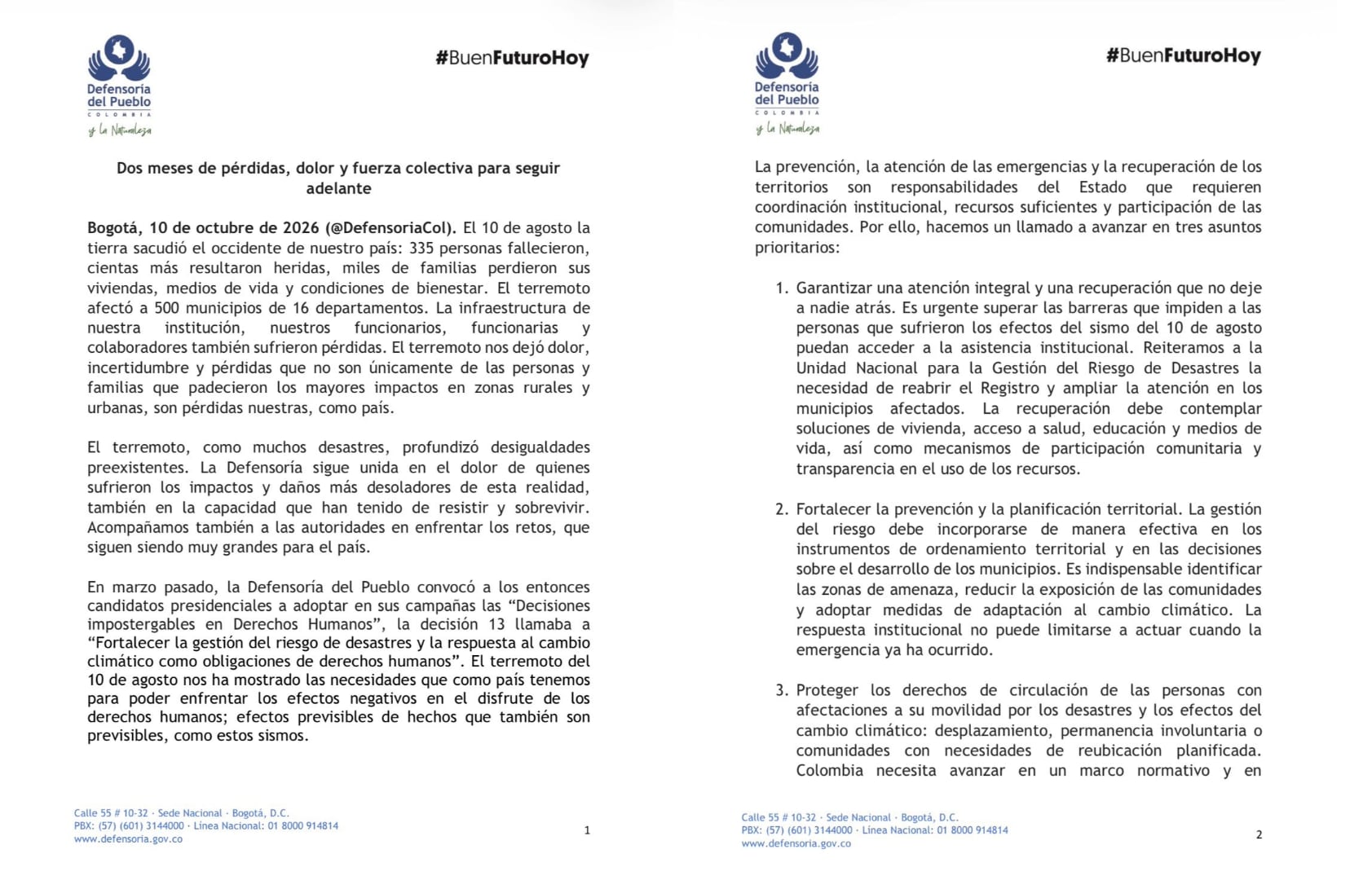 La Defensoría del Pueblo pidió a la Ungrd reabrir el registro de damnificados dos meses después del terremoto del 10 de agosto en Colombia - crédito @DefensoriaCol/X