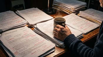 Unas manos sujetan una taza de café sobre un escritorio cubierto por pilas de exámenes marcados con tinta roja.