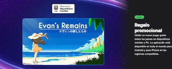 Captura de pantalla de un sitio web con la portada pixel art del videojuego Evan's Remains y un texto de regalo promocional