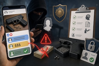 Un teléfono móvil muestra una oferta de arma de fuego junto a un fajo de billetes, una pistola sobre una mesa y una tabla de verificación.