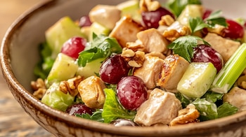 Ensalada cremosa, pollo en cubos, manzana fresca, uvas dulces, apio crujiente, receta ligera, comida saludable, mayonesa suave, platillo fresco, ensalada nutritiva. - (Imagen Ilustrativa Infobae)
