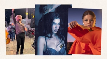 Collage de tres imágenes: un hombre con sombrero vaquero en escenario, una mujer de cabello oscuro con top brillante y un icono en el escote, y otra mujer con blusa naranja.