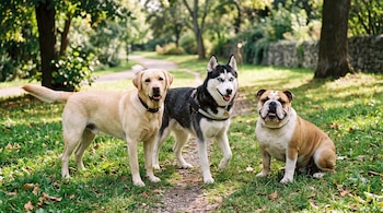 Un Labrador dorado de pie, un Husky de pelaje negro y blanco, y un Bulldog inglés sentado en un camino de hierba.