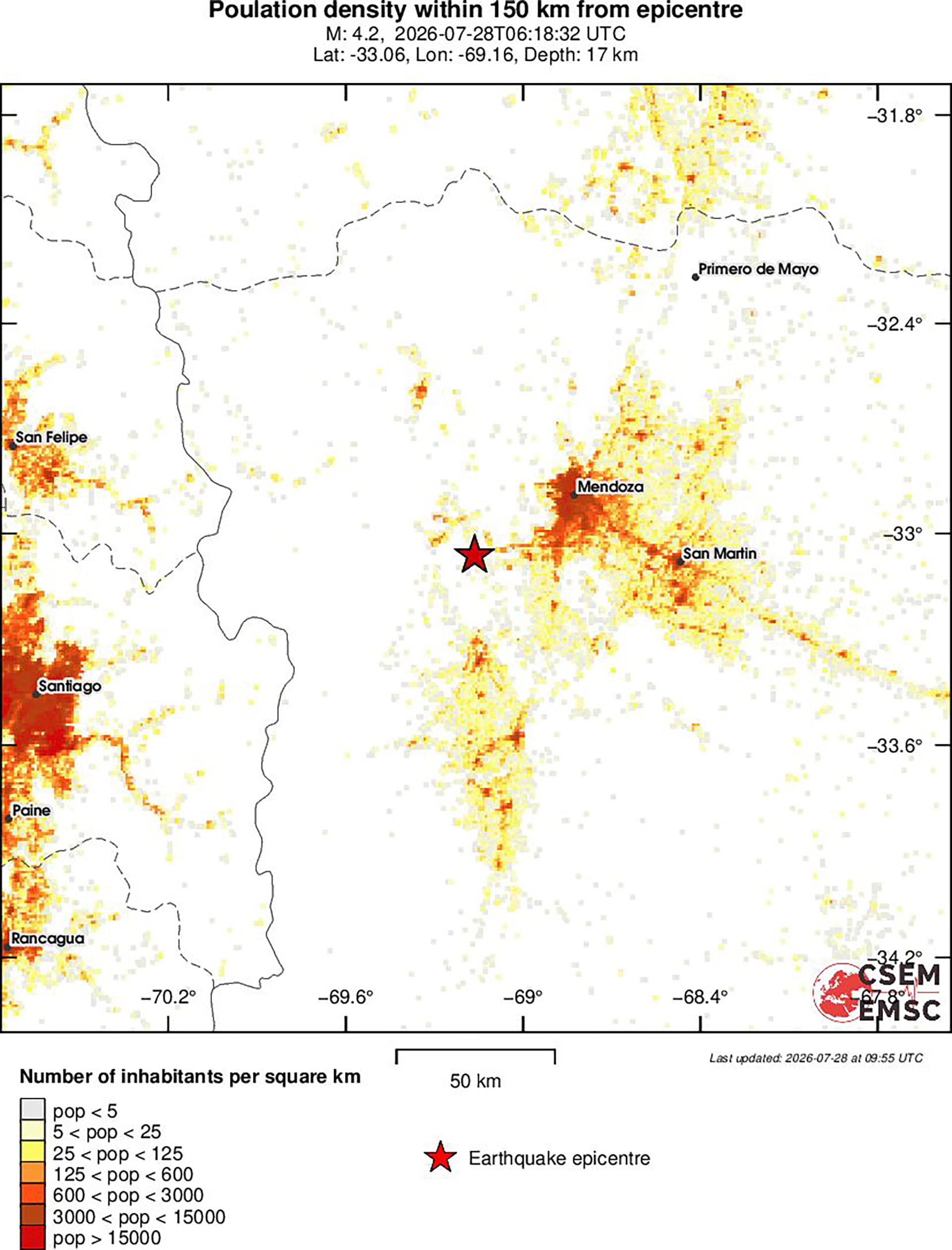 Mapa de la zona afectada por el primero de los dos sismos que sacudieron a Mendoza en menos de cinco horas. (Centro Sismológico Europeo-Mediterráneo)