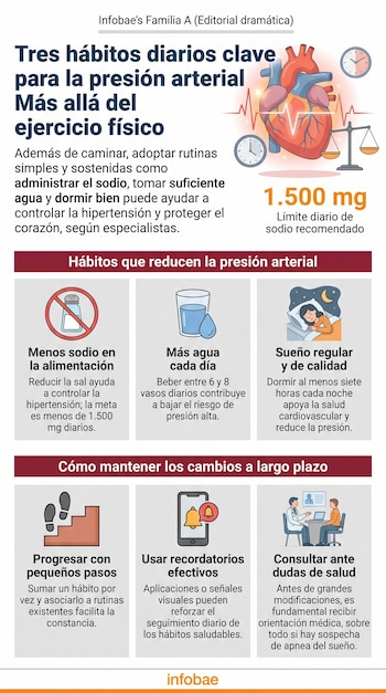 Infografía con ilustraciones de un corazón, relojes, balanza, salero tachado, vaso de agua, persona durmiendo, huellas, teléfono y médico con paciente.