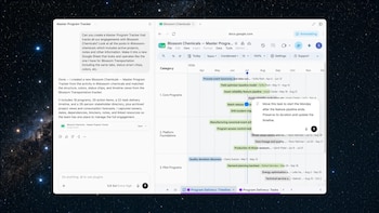 Captura de pantalla de un ordenador con interfaz de Google Sheets, cronograma de proyectos, ventana de chat lateral y un fondo de estrellas