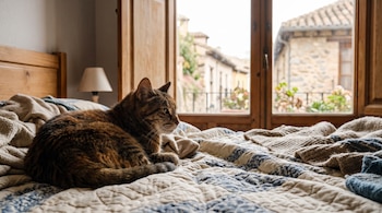 Un gato atigrado acostado sobre una cama con colcha estampada cerca de una ventana de madera que da a unas casas de piedra.