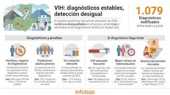Infografía sobre el VIH en Guatemala con cifras estadísticas, un mapa del país, gráficos e ilustraciones relativas a la detección de la enfermedad.