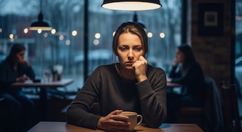 Primer plano de una mujer de 30 años con cabello castaño, sentada en un café oscuro. Tiene una mano en la barbilla y sostiene una taza en la otra.