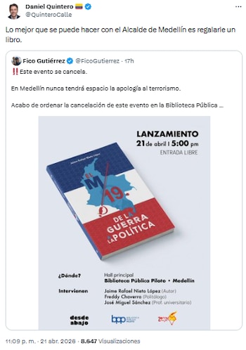 Daniel Quintero ironizó sobre censura en Medellín y avivó debate por la libertad de pensamiento - crédito @QuinteroCalle/X