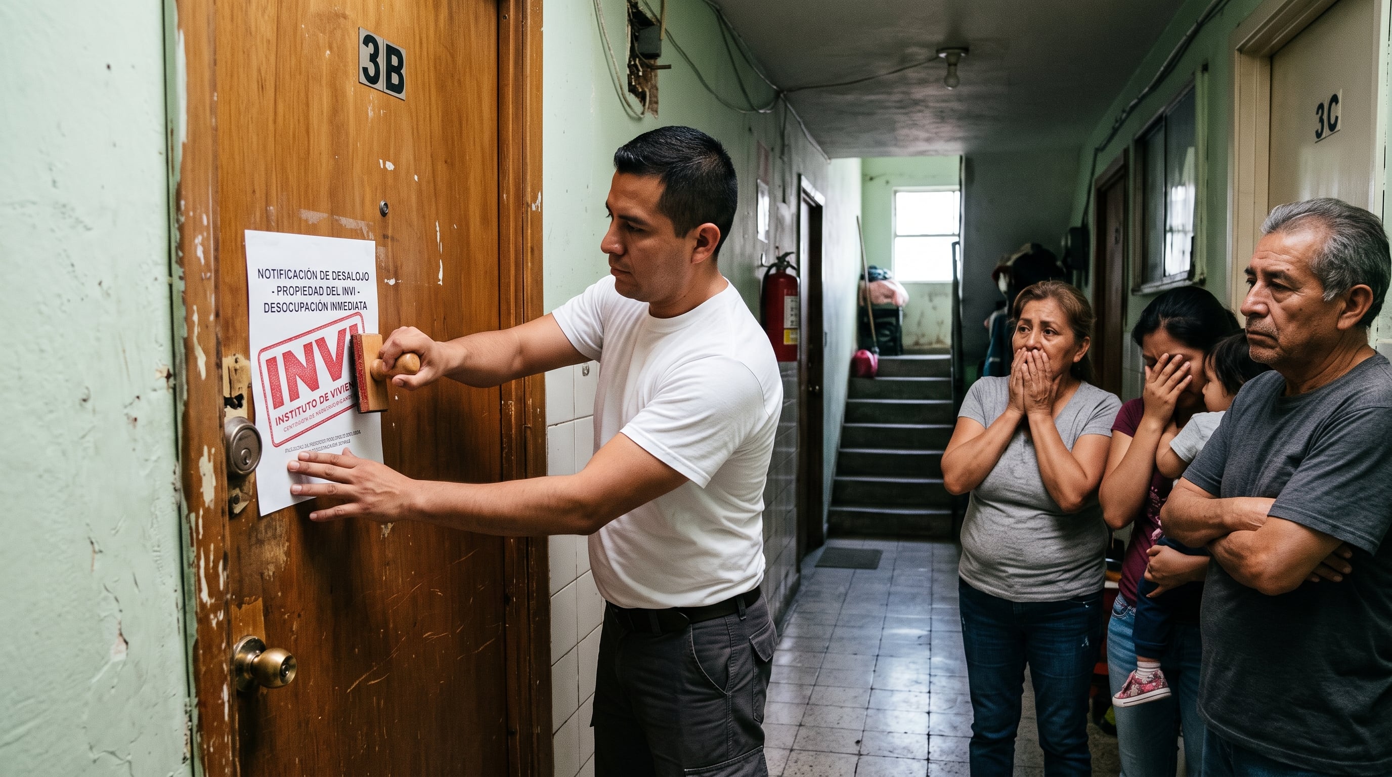 Un hombre coloca un sello en una notificación de desalojo del Instituto de Vivienda mientras varias personas observan desde el pasillo de un edificio. (Imagen Ilustrativa Infobae)