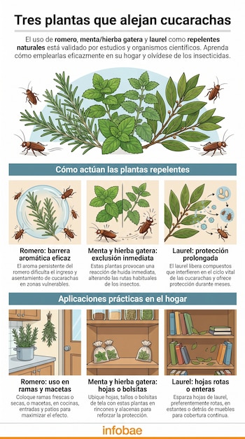 Ilustración informativa sobre plantas que repelen cucarachas, mostrando romero, menta y laurel, sus mecanismos de acción y ejemplos de uso en el hogar.