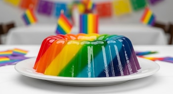 Una gelatina redonda con los colores del arcoíris se exhibe en un plato blanco, rodeada de decoraciones con banderas y guirnaldas arcoíris.