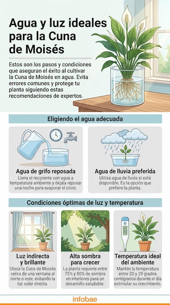 Infografía con una cuna de Moisés en un vaso con agua, acompañada de ilustraciones sobre riego, iluminación y temperatura.