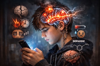 Adolescente mirando un teléfono móvil, con representaciones de un cerebro iluminado, cadenas, reloj, emoticono de cansancio, batería baja y fórmula química de dopamina.