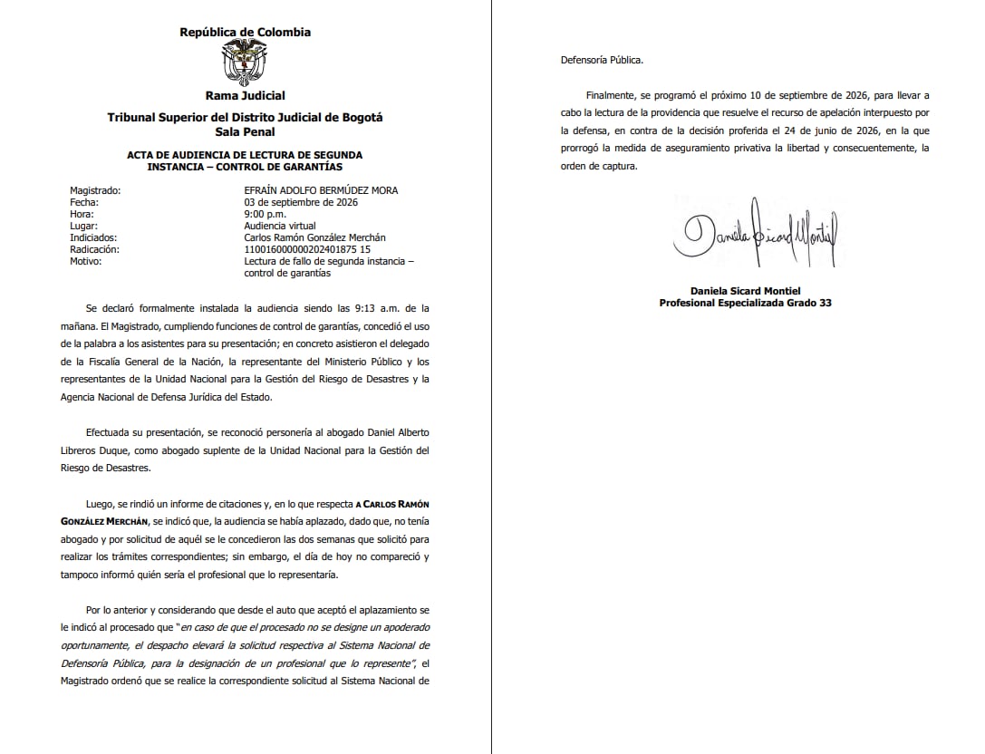 La decisión del tribunal se produjo después de que Carlos Ramón González no se conectara a la audiencia y no acreditara un nuevo abogado - crédito Tribunal Superior de Bogotá