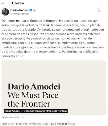 Captura de pantalla de una publicación en redes sociales de Dario Amodei con texto en español y una tarjeta de vista previa de su ensayo