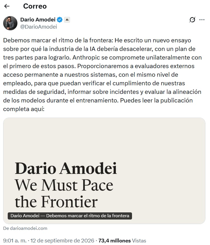 Dario Amodei sostuvo que el aumento de las capacidades de los modelos exige reducir el ritmo de su desarrollo. (X: DarioAmodei)