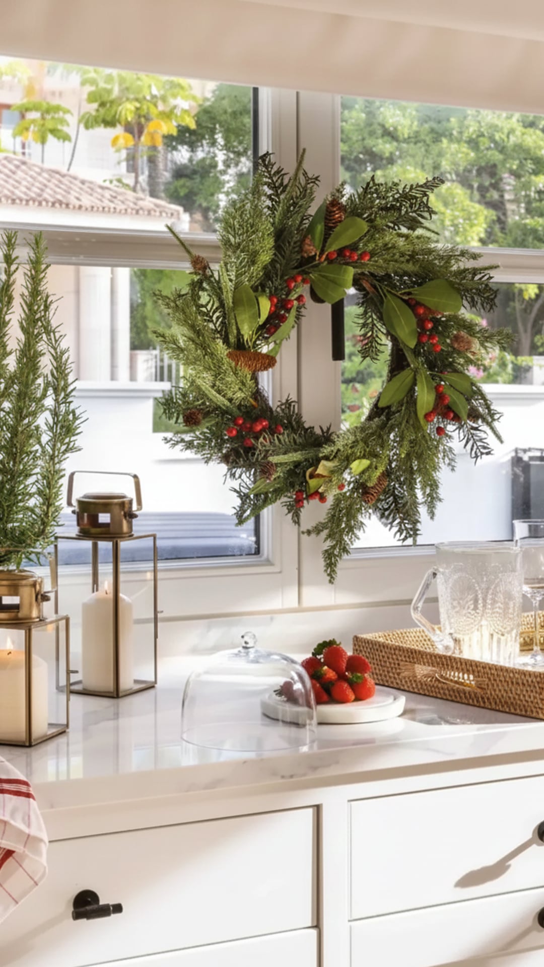 Las coronas de ramas de pino o eucalipto aportan aroma y textura genuina a la decoración navideña ecológica