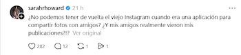 Captura de una publicación de la cuenta sarahrhoward con un texto en español sobre Instagram y botones de interacción con cifras numéricas