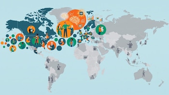 Mapa mundial con figuras en color e íconos de inteligencia artificial en América del Norte y Europa, y siluetas grises en el resto del mundo