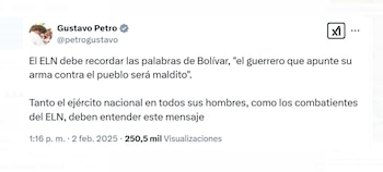 Gustavo Petro causó revuelo con un mensaje que aparentemente estaría a favor del ELN - crédito @petrogustavo/X