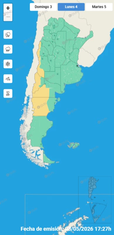 Las alertas de nivel amarillo se extienden sobre Mendoza, Neuquén, Río Negro, San Juan y parte de La Pampa ante el avance de bajas presiones desde el norte patagónico