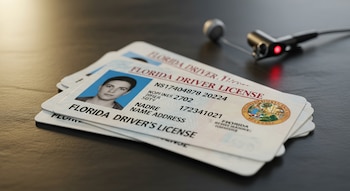 Una pila de licencias de conducir de Florida y un auricular con cable con una luz roja encendida, sobre una superficie oscura.